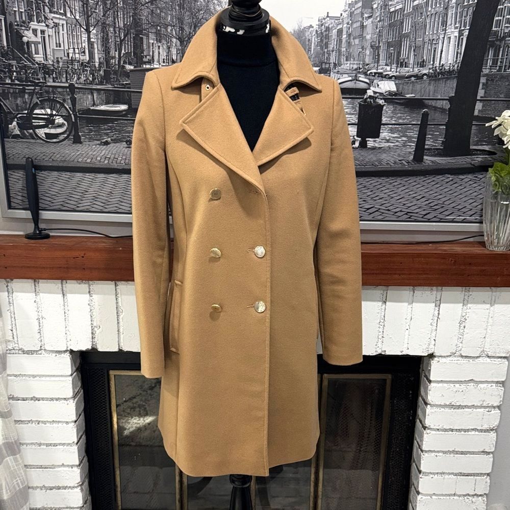 Armani Jeans Women Double-Breasted Coat Wool Casmere Small Tan Camel Mid Length